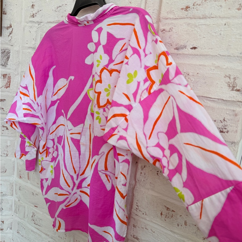 Natori Pink Floral Cotton Blouse | Tropical Print Relaxed Top Size M - Picture 7 of 12